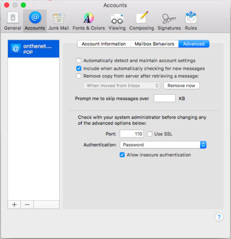 apple mail preferences unable to set incoming server